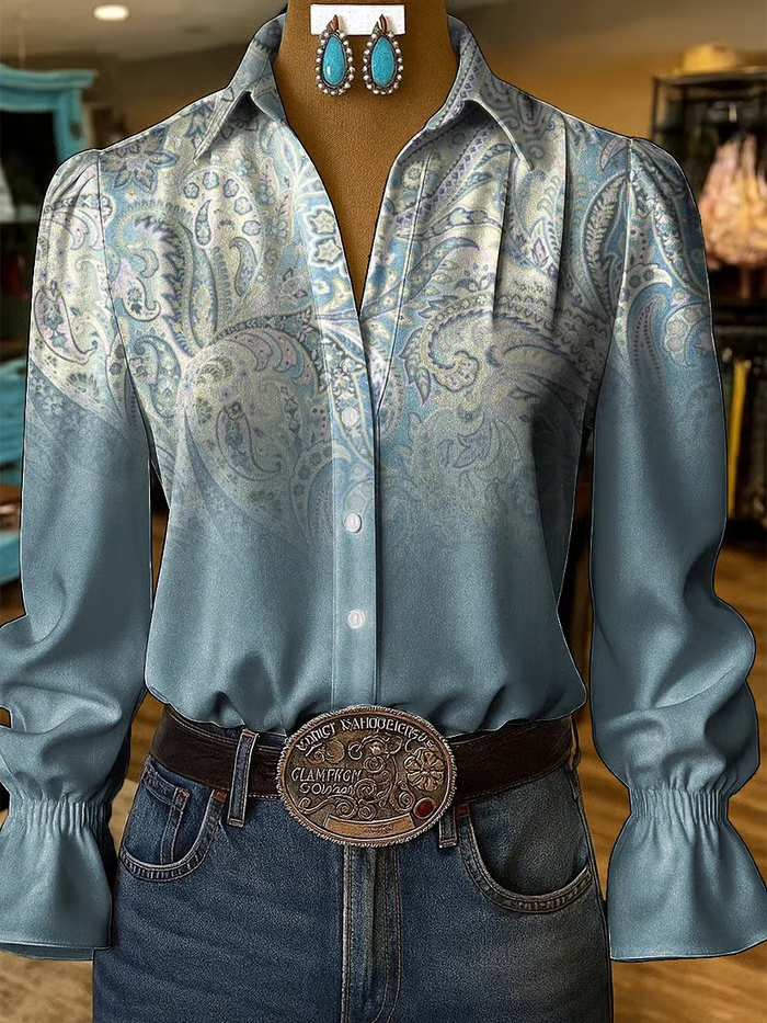 Women's Casual Bubble Sleeve Patterned Shirt