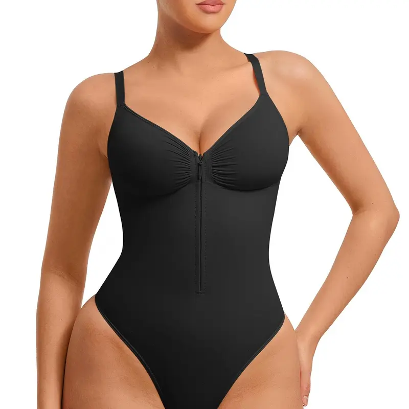 High-elastic zipper V-neck camisole bodysuit