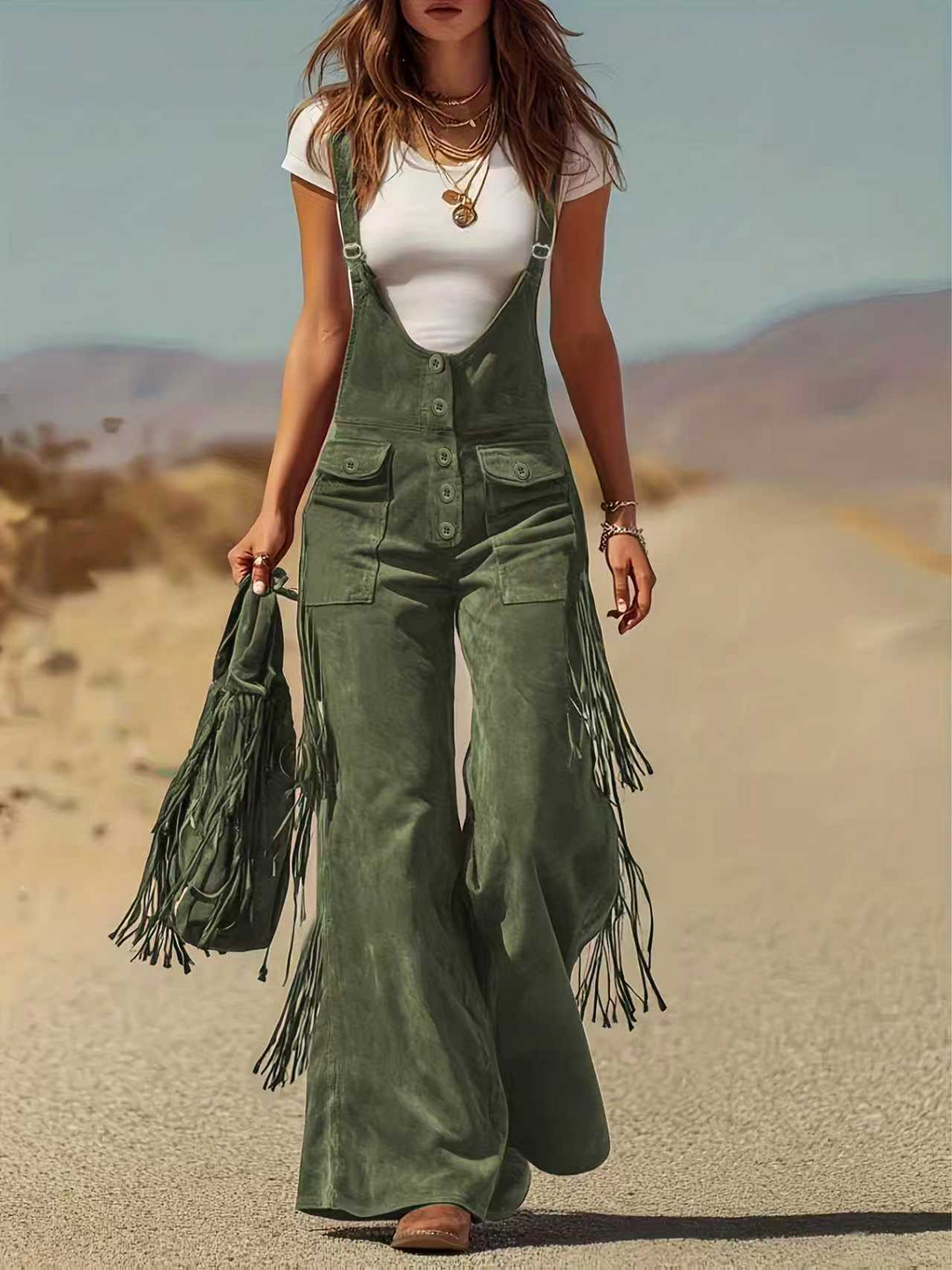 Retro tassel wide-leg pocket trousers
