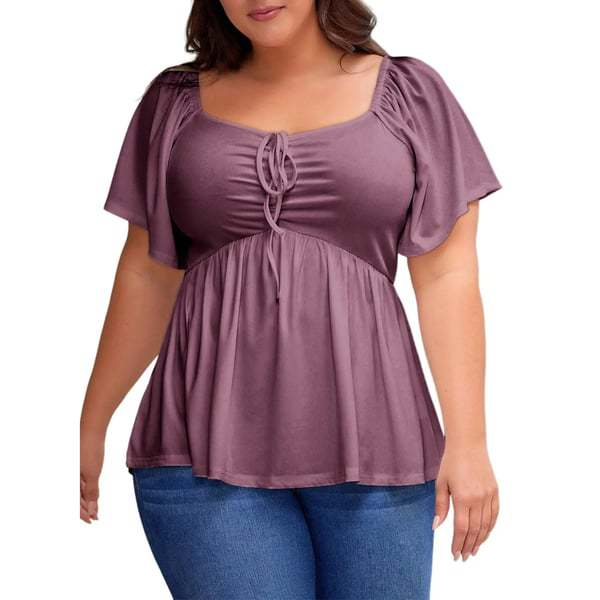 U-neck tie-waist puff sleeve top
