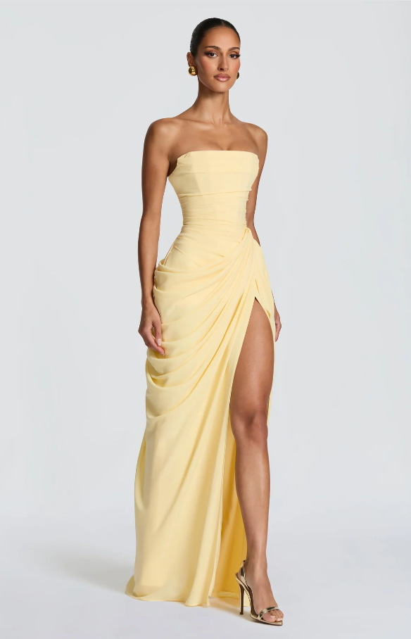 Strapless pleated waist slit dress