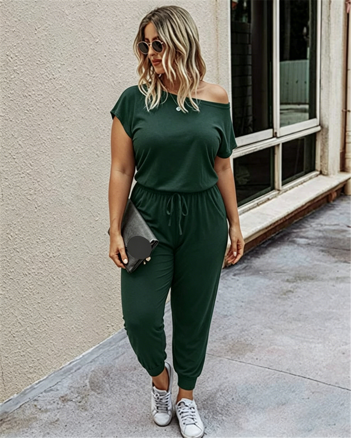 Slanted Shoulder Short Sleeve Pocket Jumpsuit