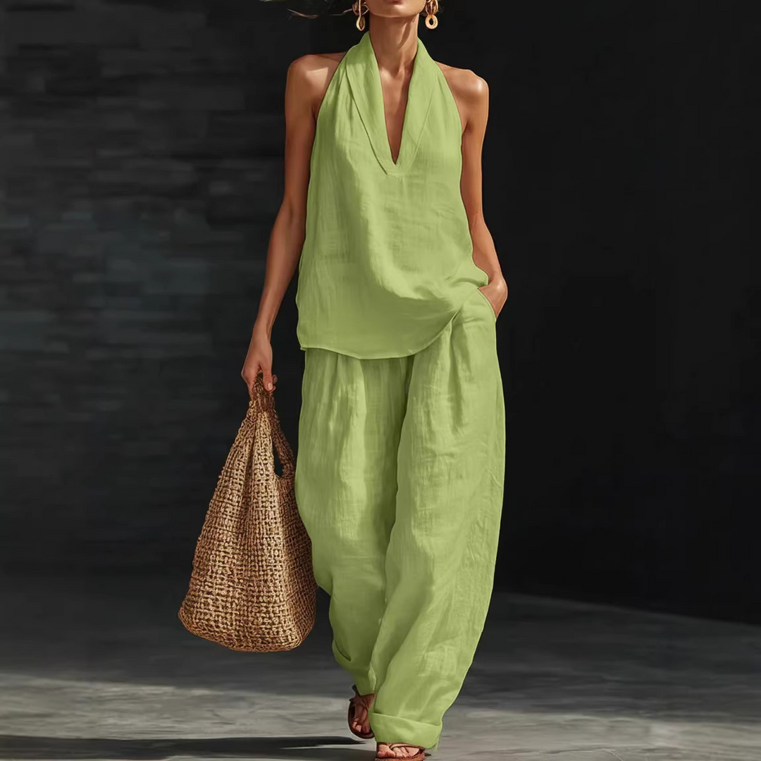 Halberd neck V-neck slimming wide-leg pants set