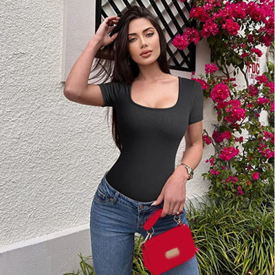 New Square Neck Short Sleeve Skinny Bodysuit
