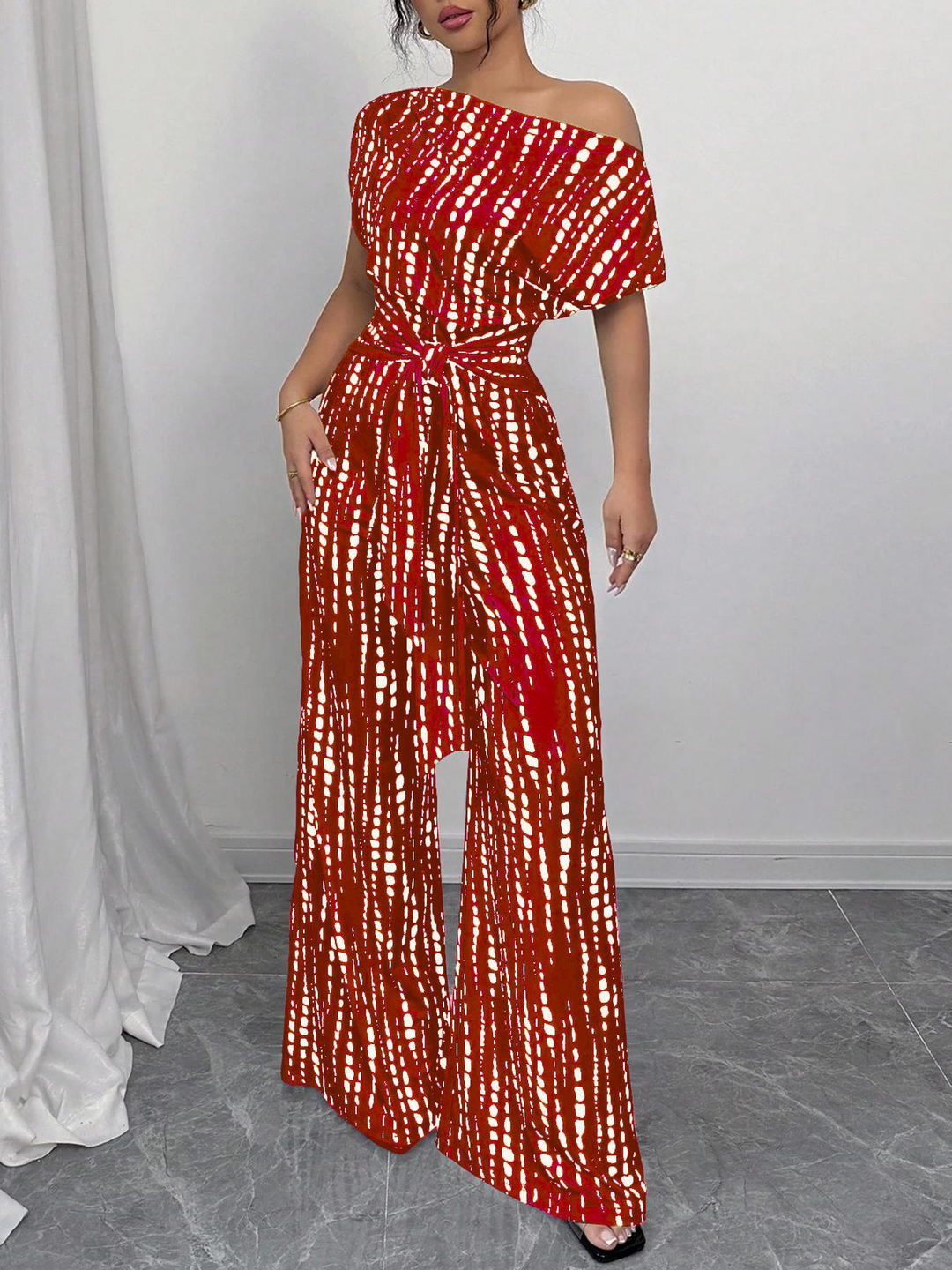 Off-shoulder tie-up jumpsuit wide-leg pants