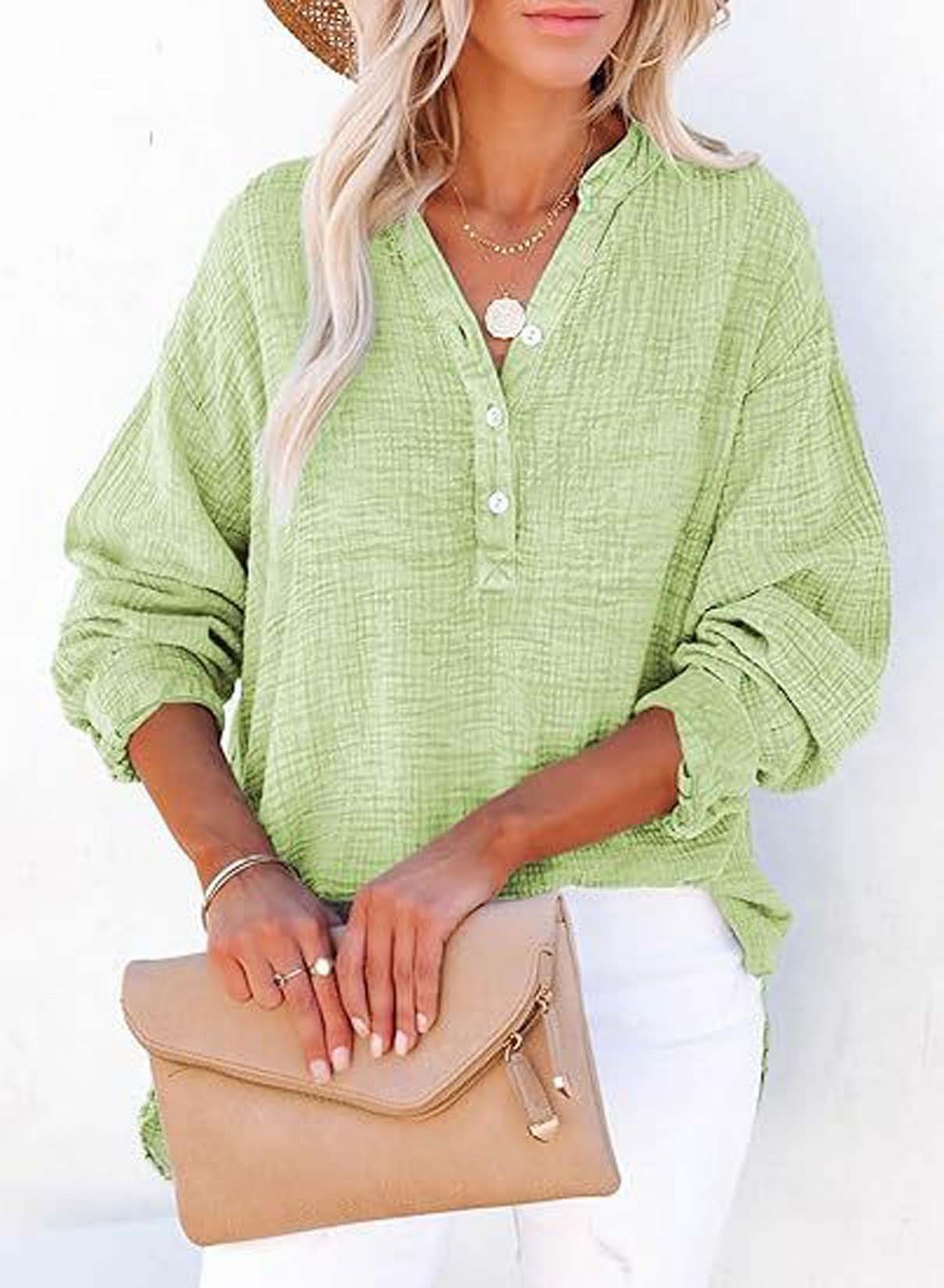 Solid color pleated long-sleeved shirt
