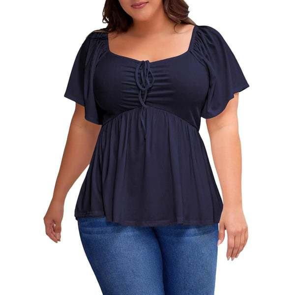 U-neck tie-waist puff sleeve top