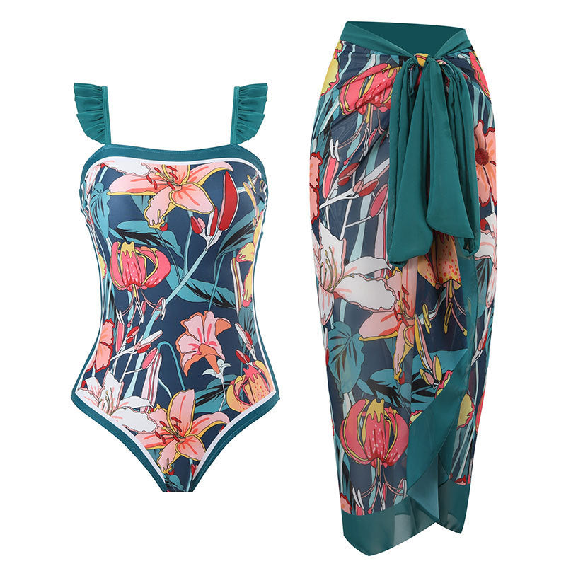 Fashion Printed Lace Straps Swimsuit