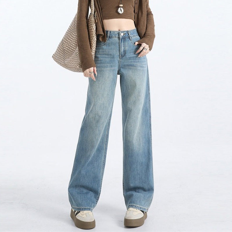 Retro slim-fit straight-leg high-waisted jeans