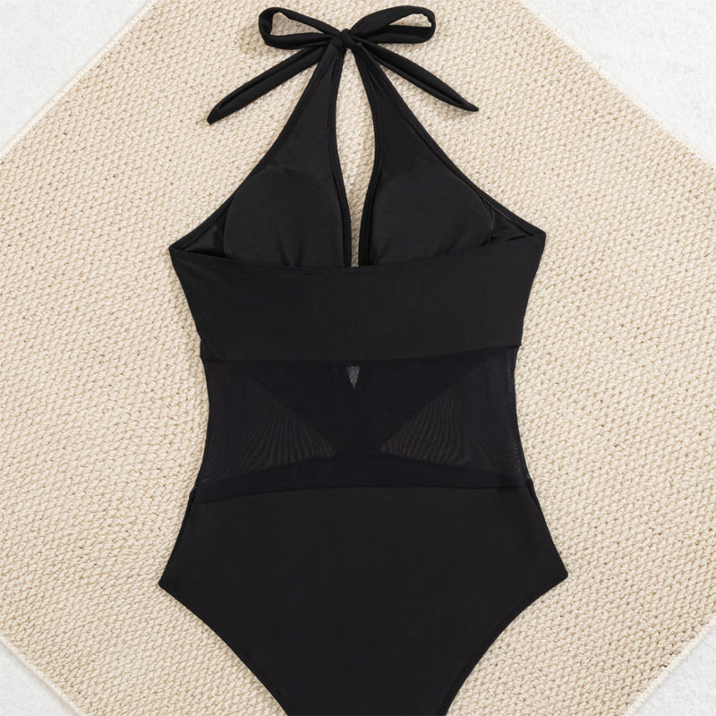 Deep V-neck mesh one-piece swimsuit