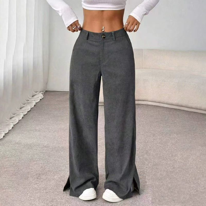 Soft Corduroy Slit Wide-Leg Pants