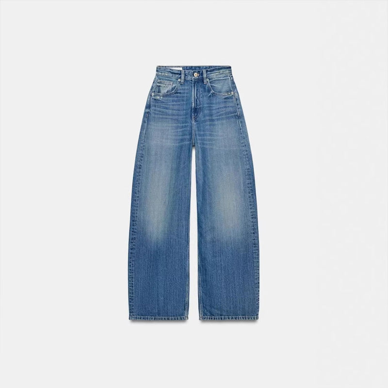 Leather patchwork washed denim jeans