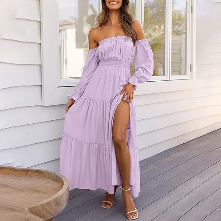 A-line Off-the-Shoulder Layered Maxi Dress with Slit