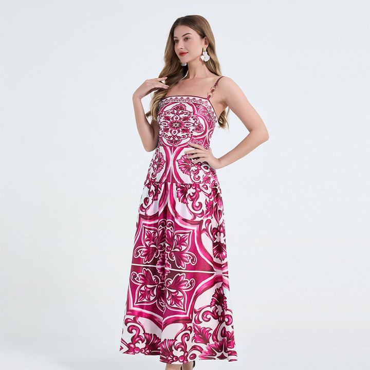 Porcelain-patterned strapless maxi dress