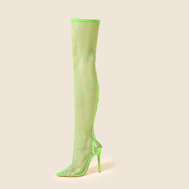 Stylish and elegant pointed-toe comfortable mesh over-the-knee sandals