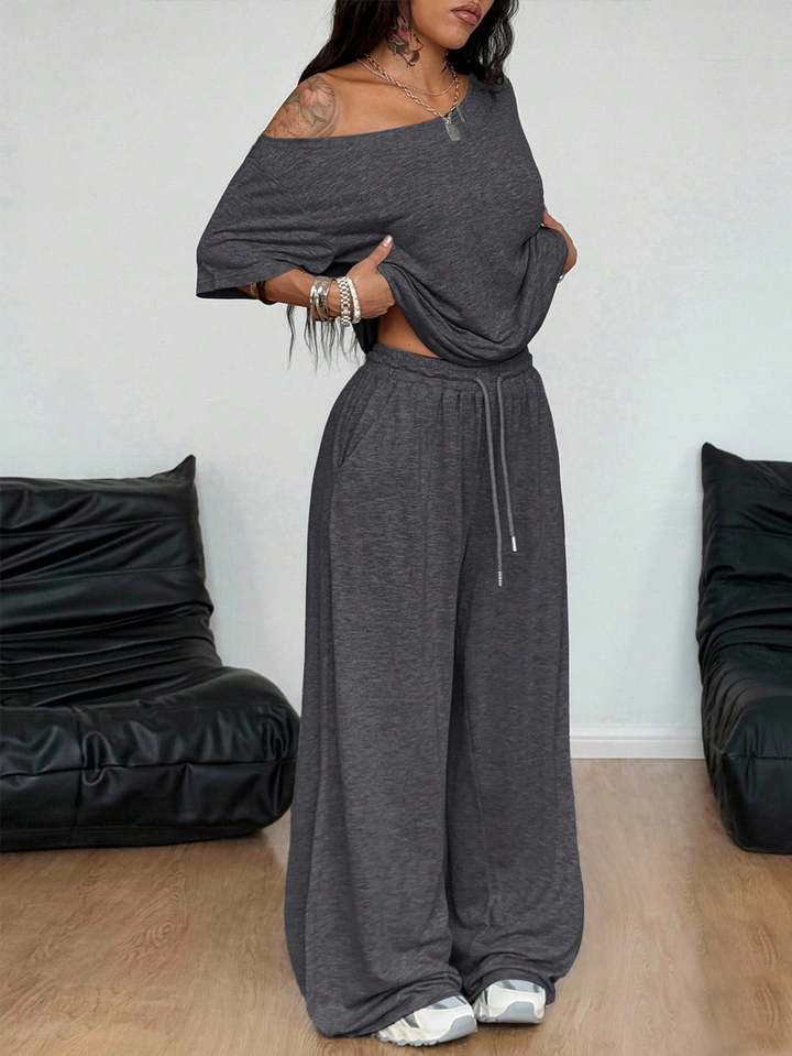 Asymmetrical collar loose-fitting pants suit