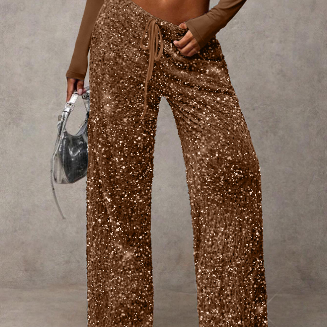 Sequined drawstring stretch straight leg pants