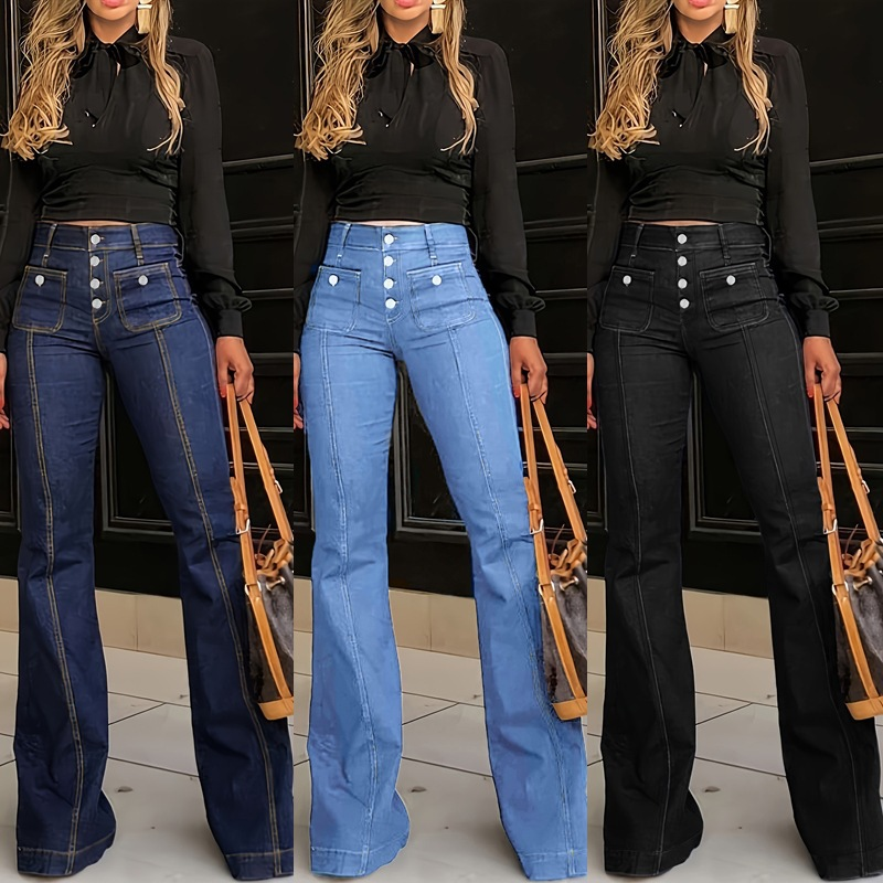 High Waist Button Front Flare Denim Jeans