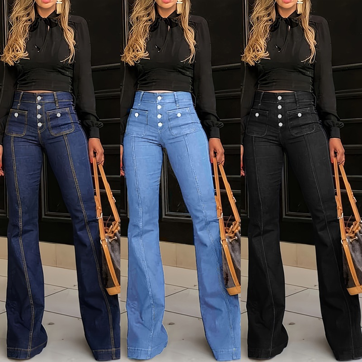 High Waist Button Front Flare Denim Jeans