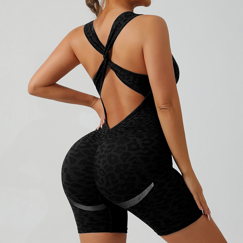 Leopard print crossover backless jumpsuit shorts