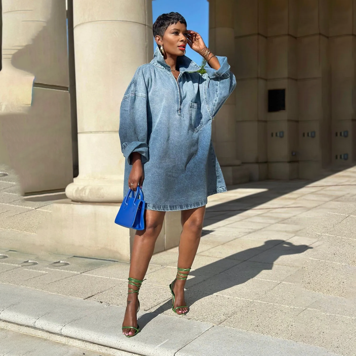 Oversized Half Zip Denim Shirt Dress