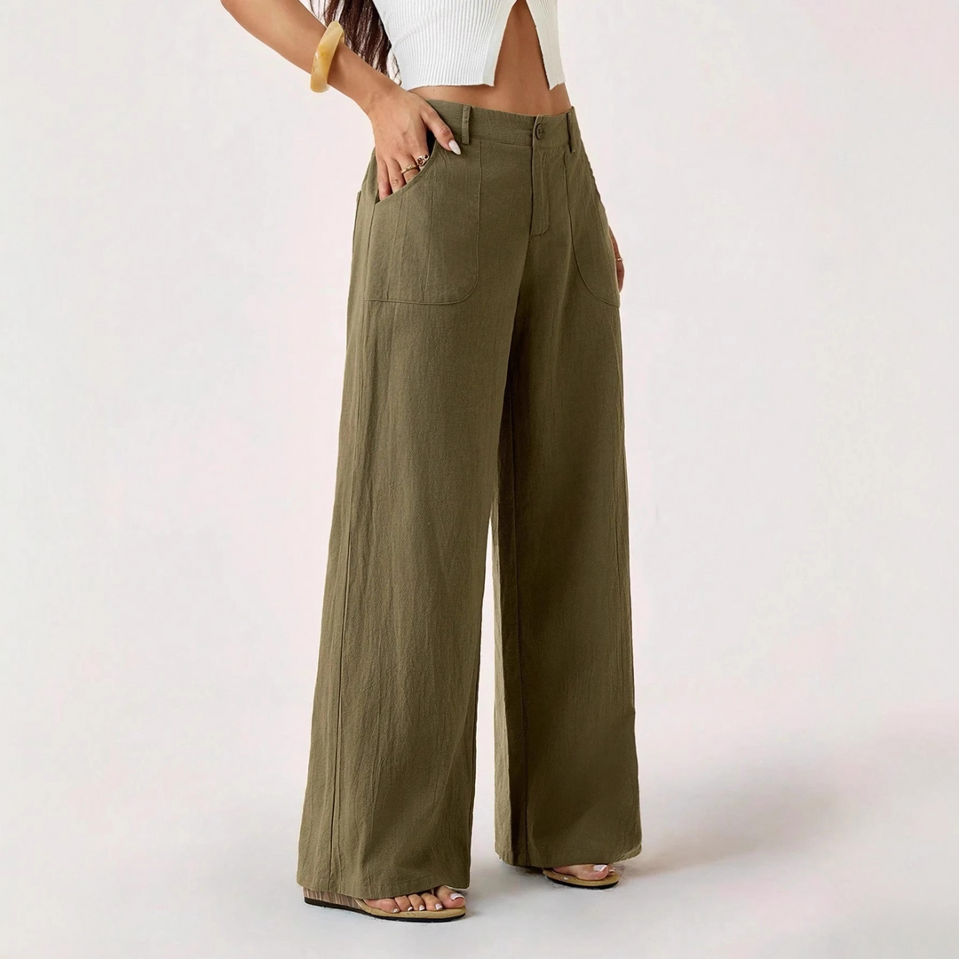 Solid color mid-rise wide-leg trousers