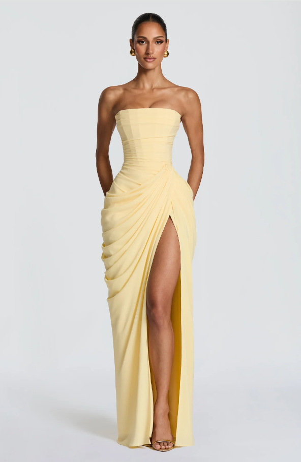 Strapless pleated waist slit dress