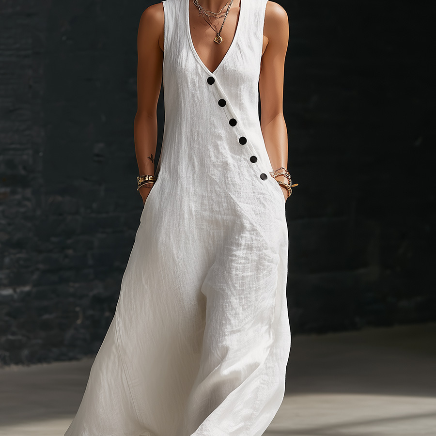 Solid color button solid color vest dress