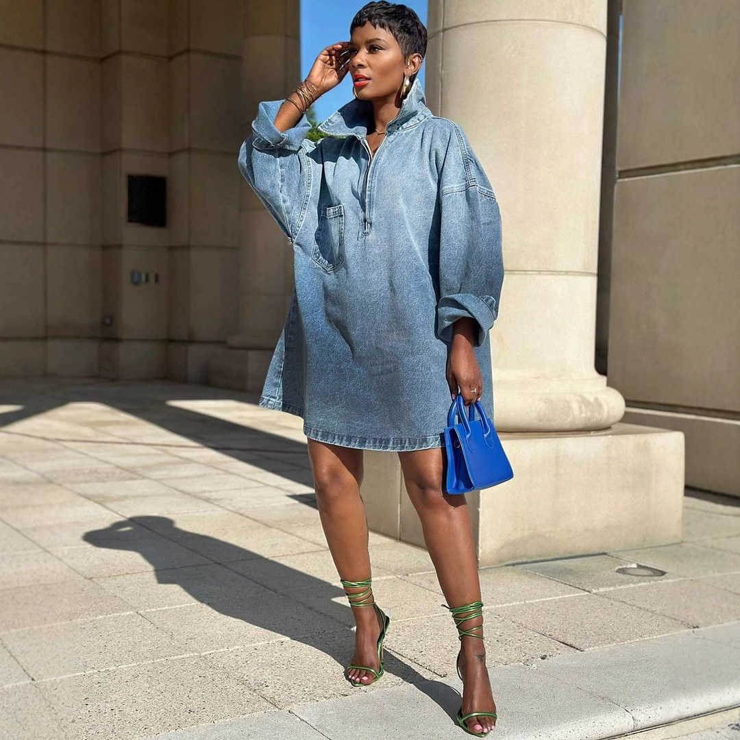 Oversized Half Zip Denim Shirt Dress