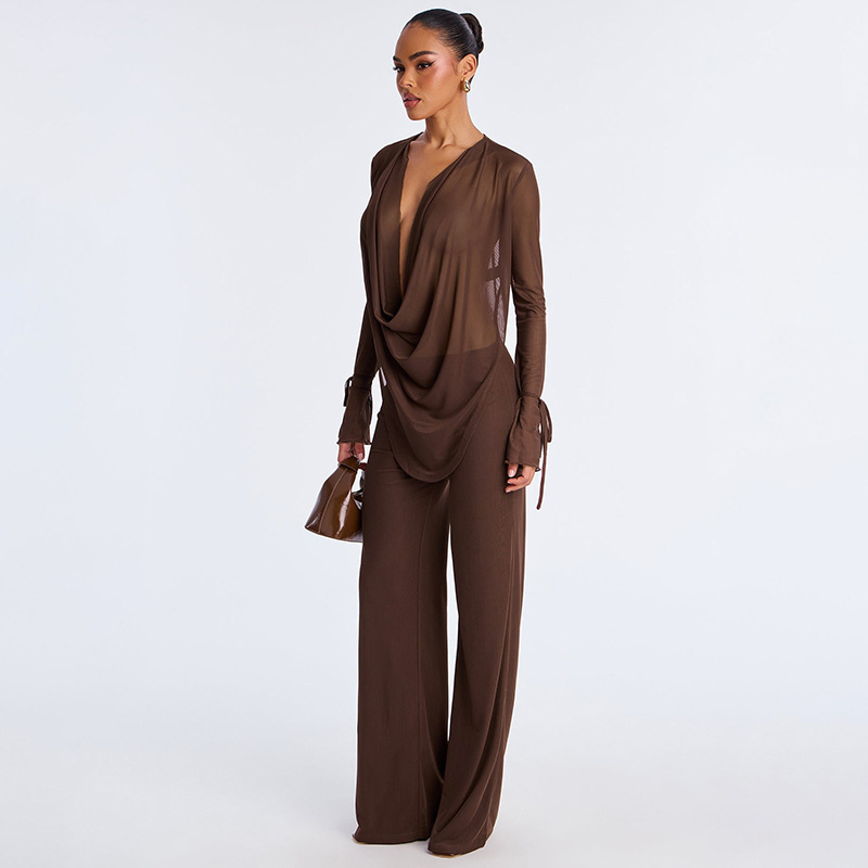 Deep V-neck flared pants set with ruffled trim