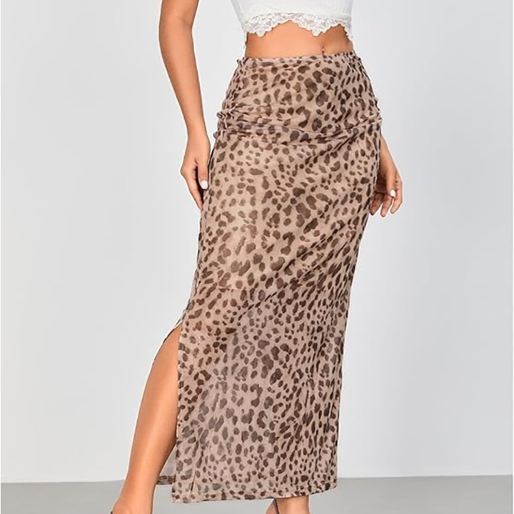 Leopard Mesh High-Slit Maxi Skirt