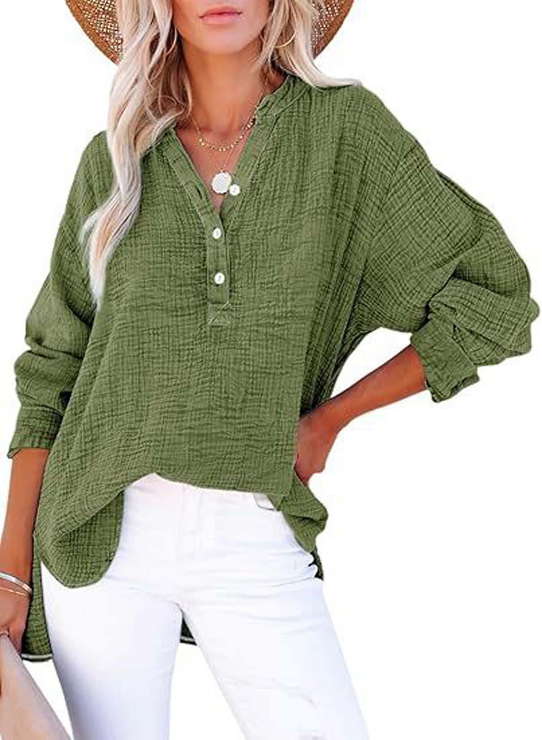 Solid color pleated long-sleeved shirt
