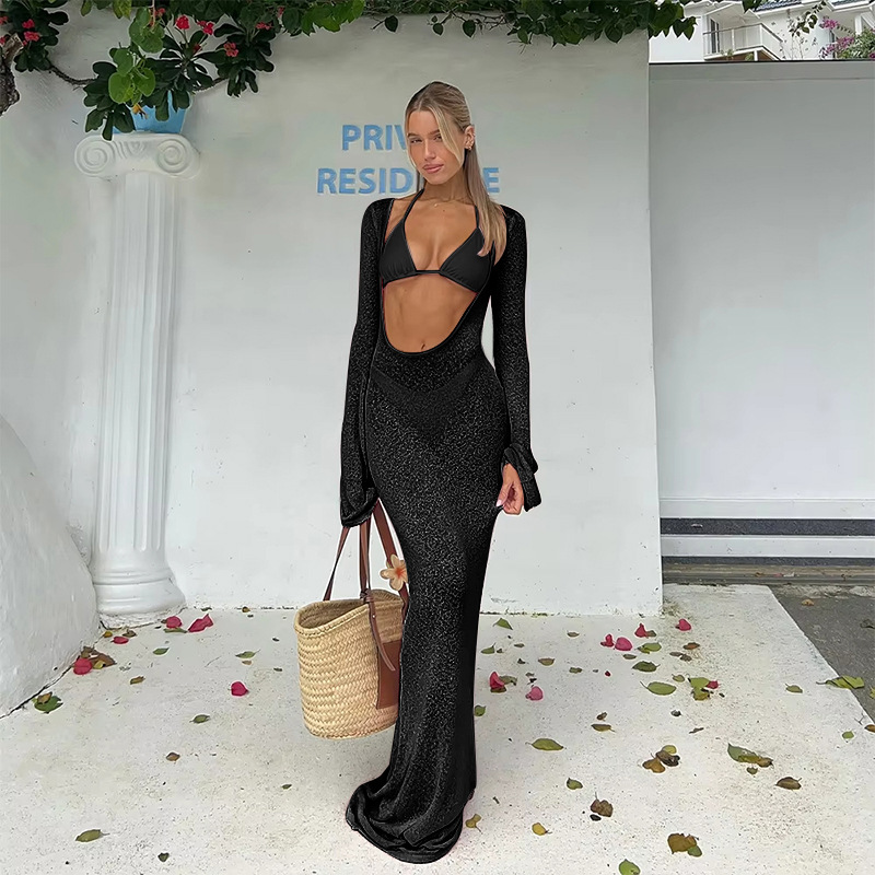 Halter-neck three-piece bikini swimsuit and mesh dress three-piece set