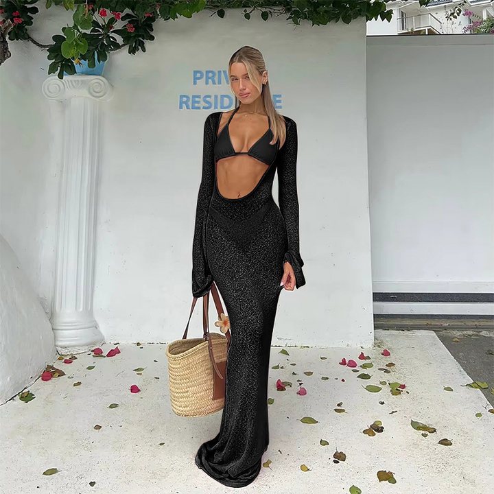 Halter-neck three-piece bikini swimsuit and mesh dress three-piece set