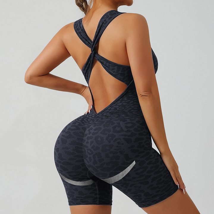 Leopard print crossover backless jumpsuit shorts