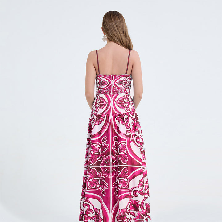 Porcelain-patterned strapless maxi dress