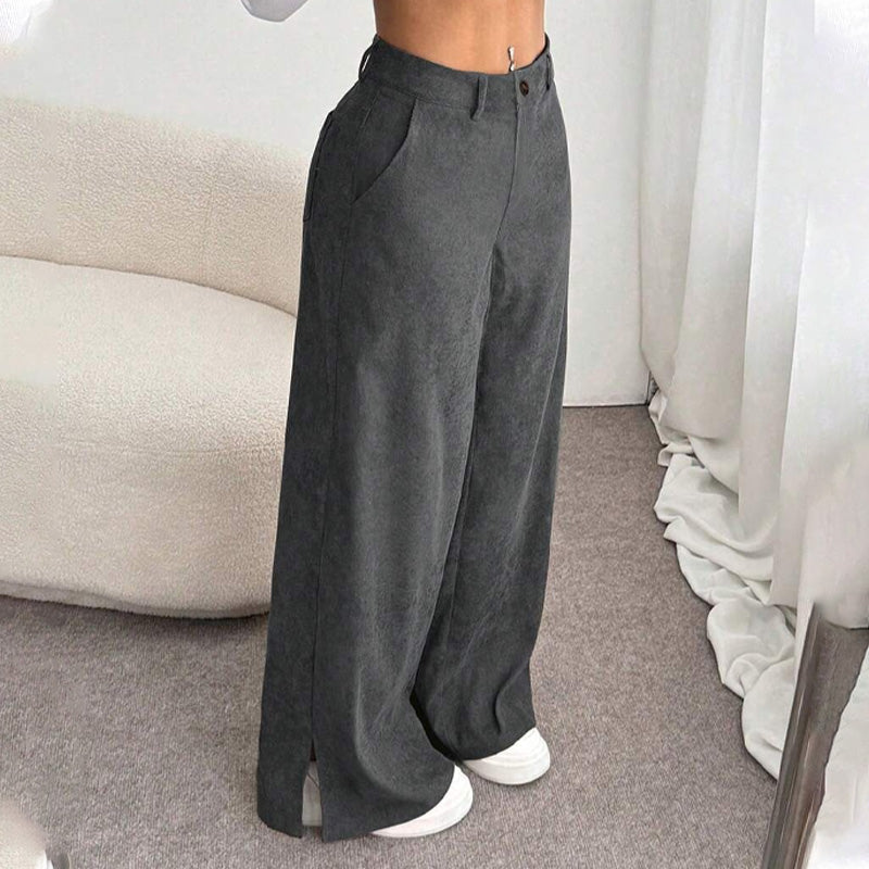 Soft Corduroy Slit Wide-Leg Pants