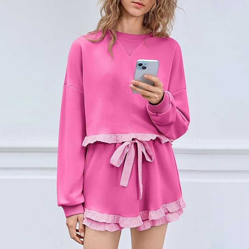 Striped Ruffled Sweatshirt and Shorts Set