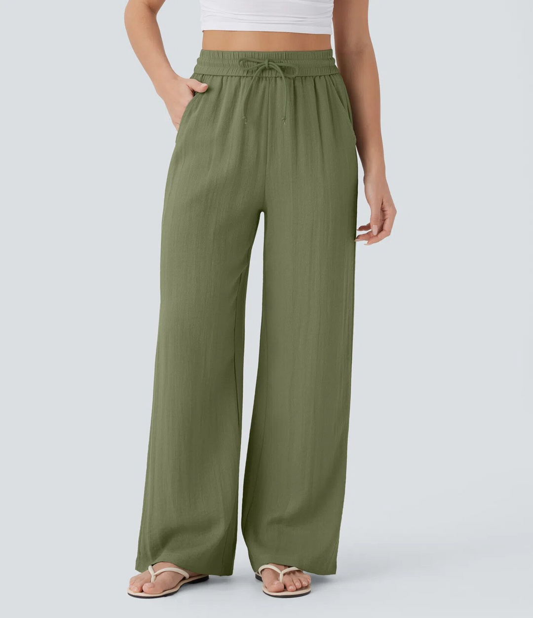 High-waisted drawstring wide-leg pants with side pockets