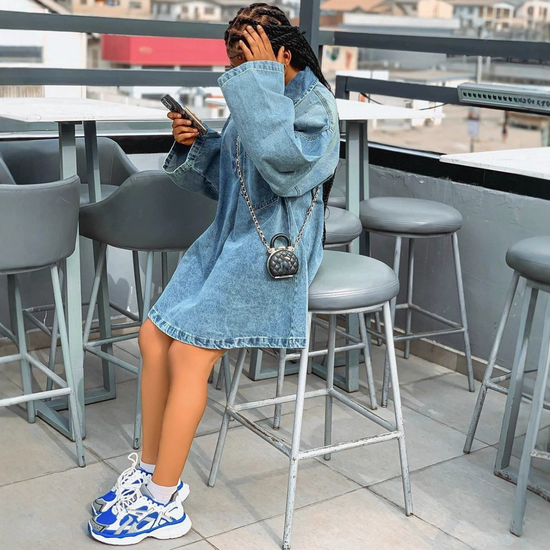 Oversized Half Zip Denim Shirt Dress