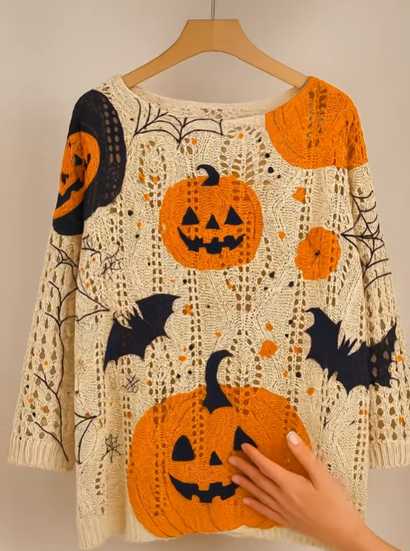 Halloween Pumpkin Print Long-Sleeve Sweater
