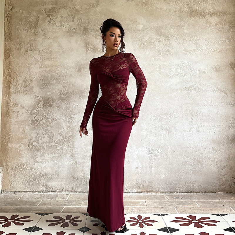 Long-sleeved patchwork lace dress