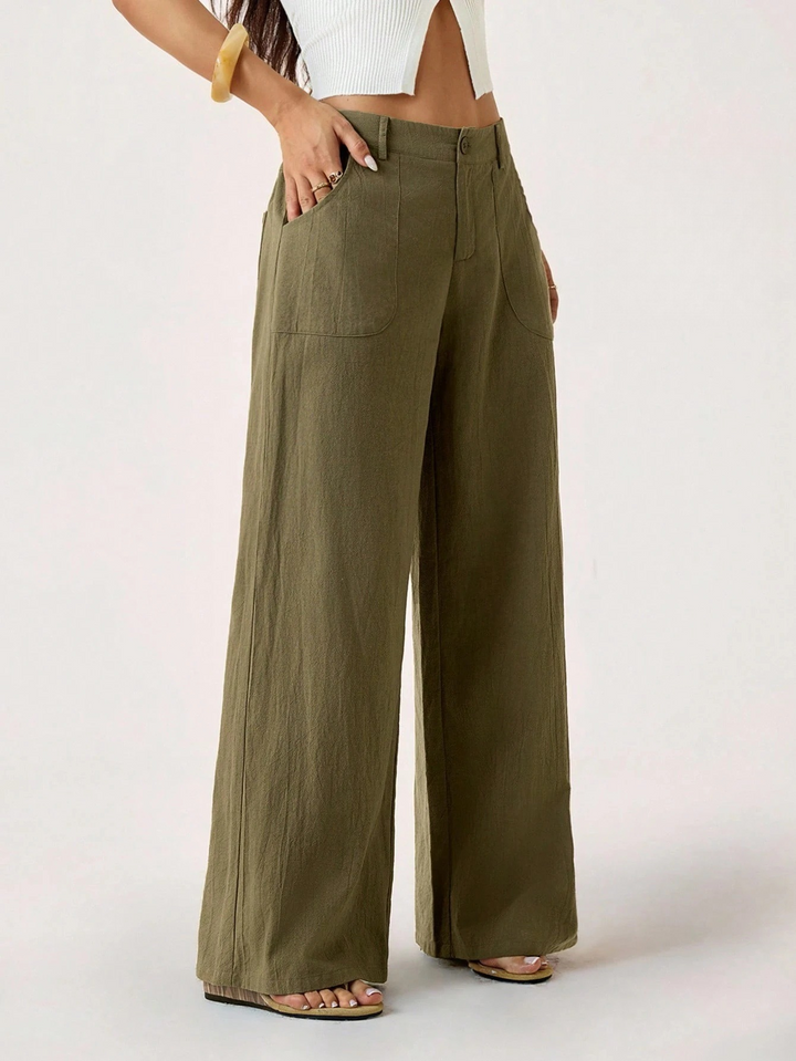 Solid color mid-rise wide-leg trousers