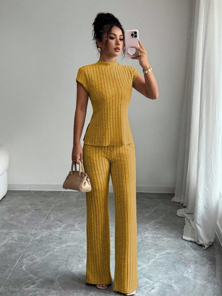 Casual solid color ribbed casual pants suit
