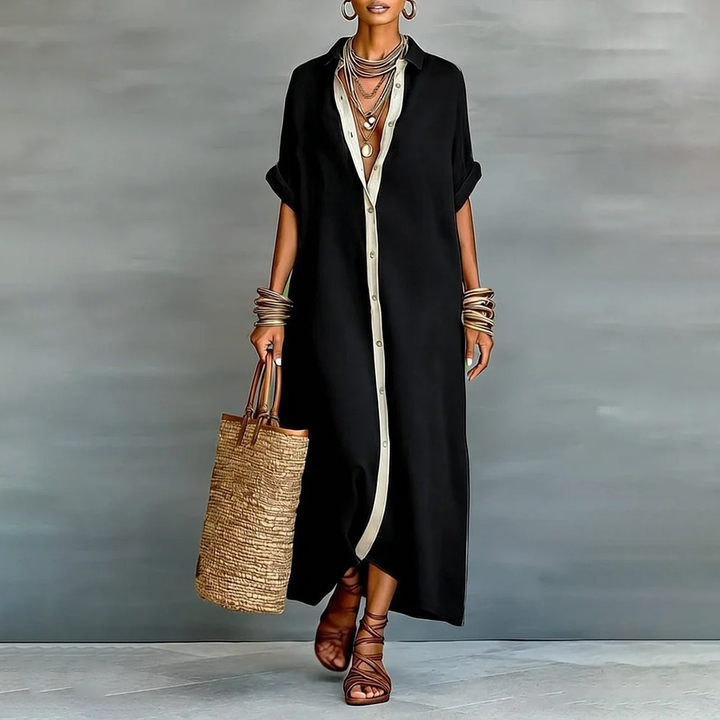 Casual Roll Sleeve Button Down Maxi Shirt Dress