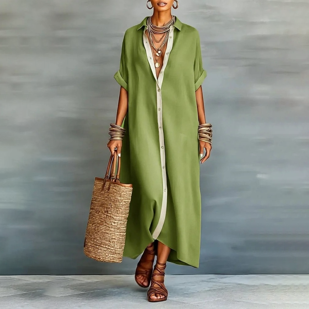 Casual Roll Sleeve Button Down Maxi Shirt Dress