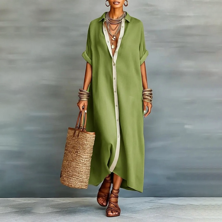 Casual Roll Sleeve Button Down Maxi Shirt Dress