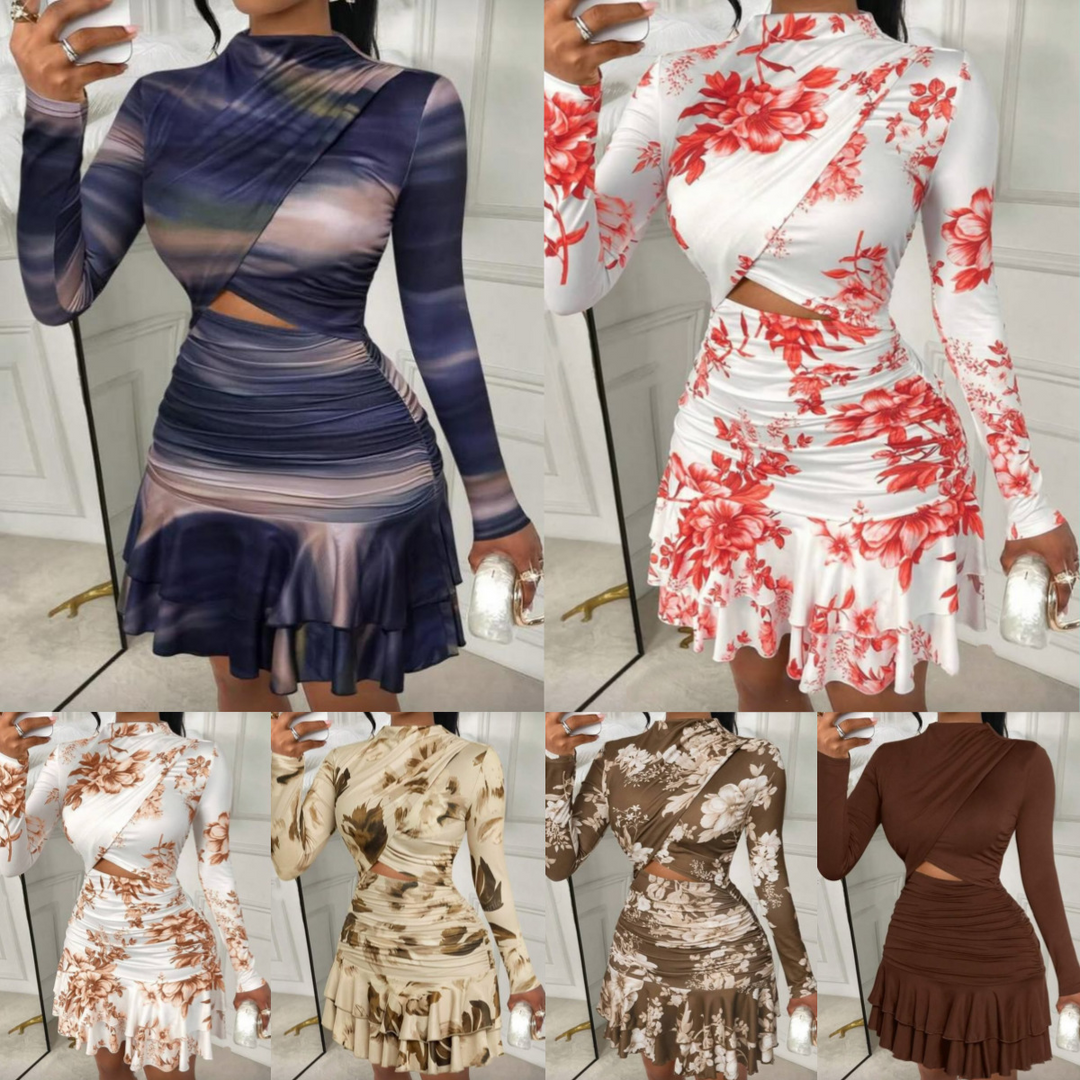 Printed long-sleeved ruffled slim-fit mini skirt