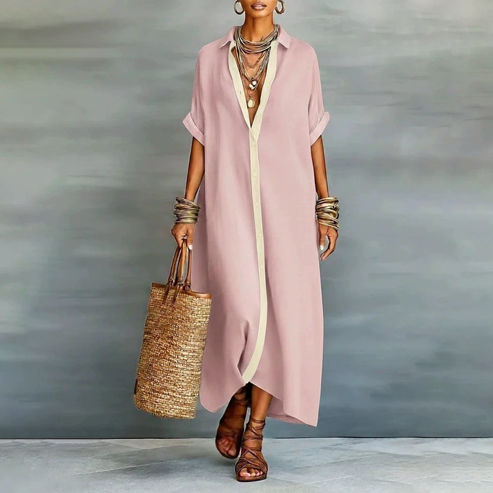 Casual Roll Sleeve Button Down Maxi Shirt Dress