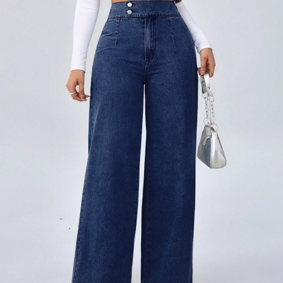 High-waisted double-button straight leg jeans